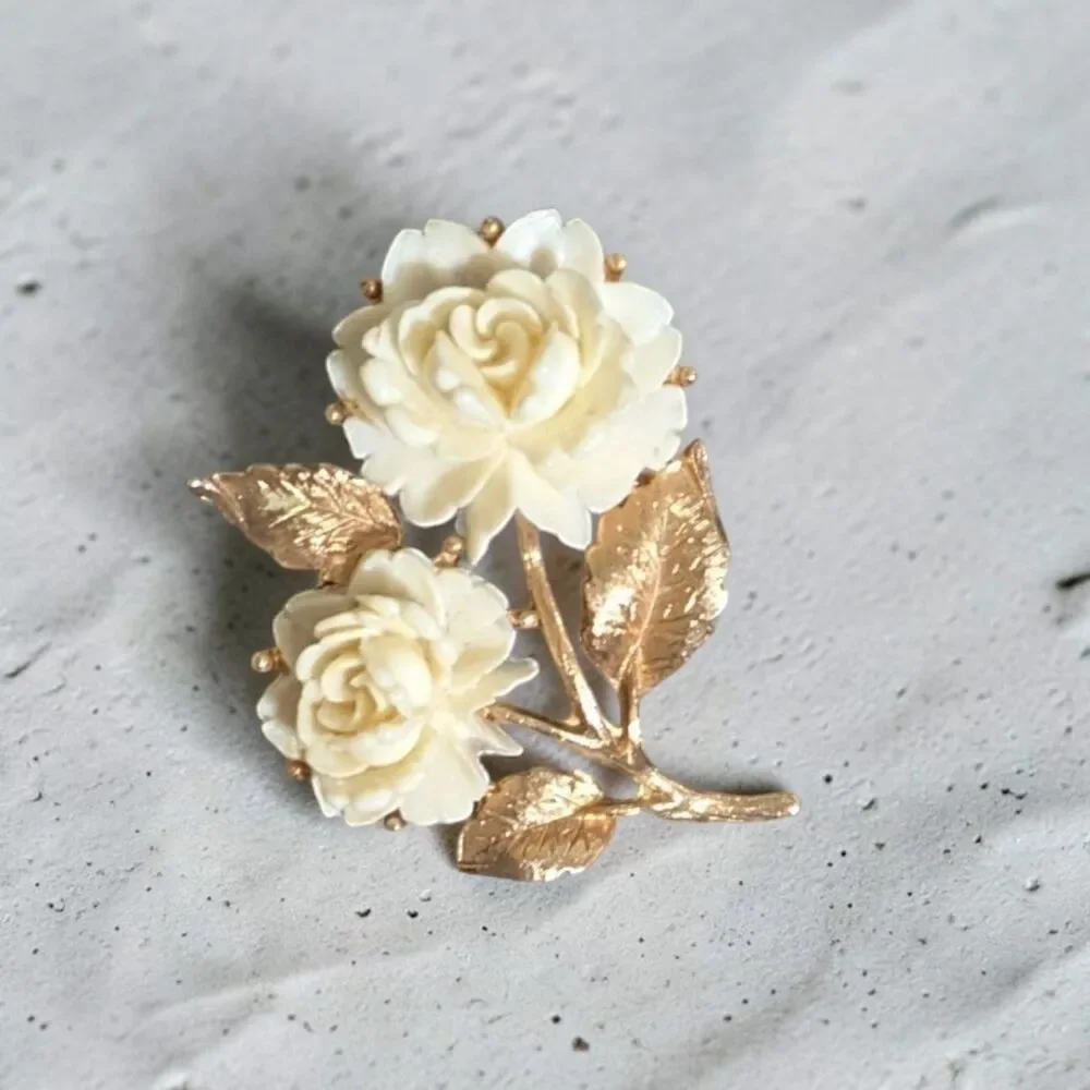 Vintage Style Ivory Rose Brooch, Gold Tone Floral Pin, Cottagecore Jewelry